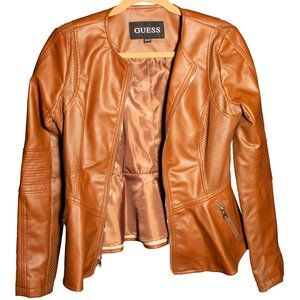 Guess Cognac PU Leather Racer Jacket Size S
